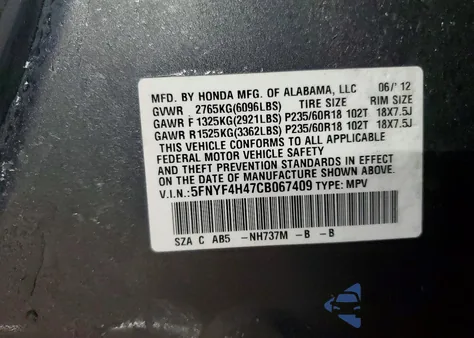 2012 Honda Pilot Ex z USA, uszkodzony, nr VIN 5FNYF4H47CB067409